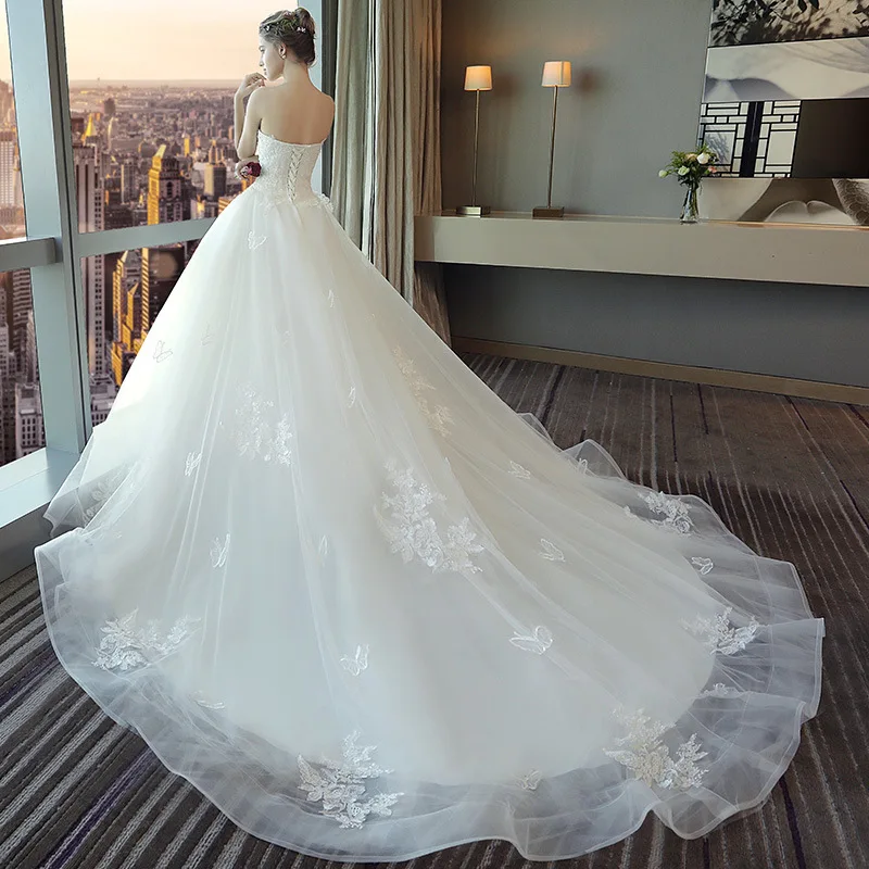 Modern Bridal Tail Small White Tube Top Lace Simple Fairy Graceful Mori Wedding Dress Princess