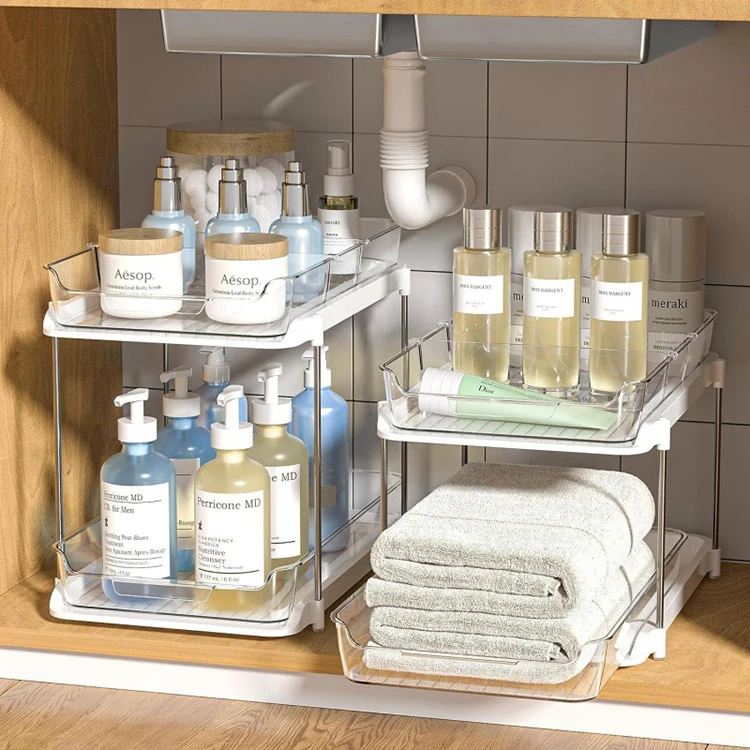 New Style Pull Out Organization 2-Tier Clear Under Sink Organizers and Storage Stackable Bathroom Cabinet organizers