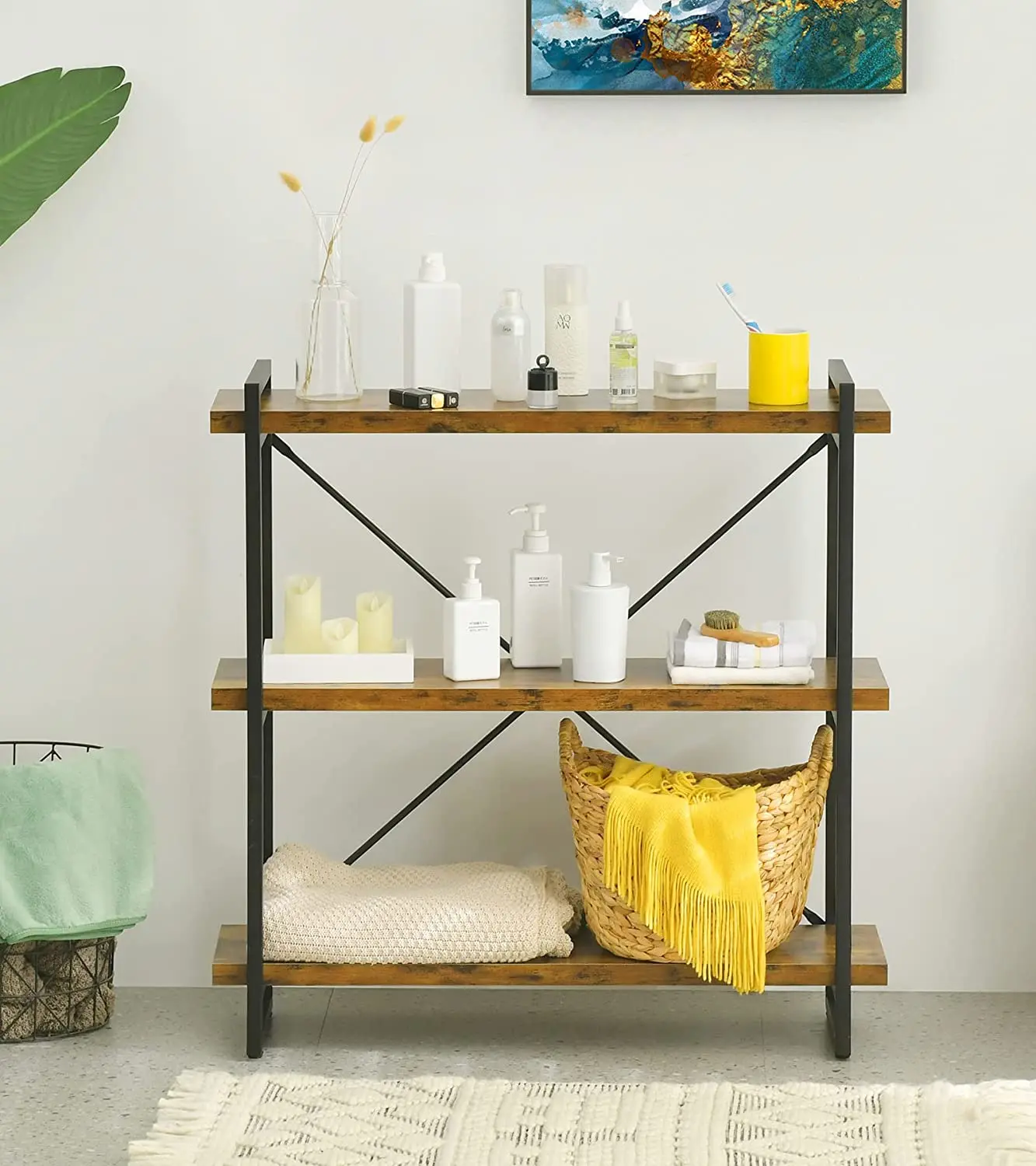 Modern furniture 3 Layers Metal Bookcases Rustic Industrial Bookshelf Ladder Book Shelf Wooden For Living Room