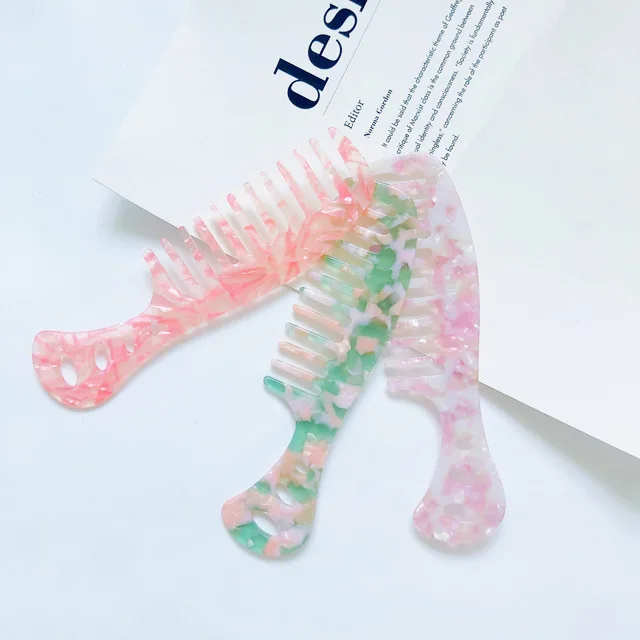 Light Color Carved Circle Hanging Floral Pattern Hair Comb Marble Stone Print Anti Static Resin Acid Curls Combs