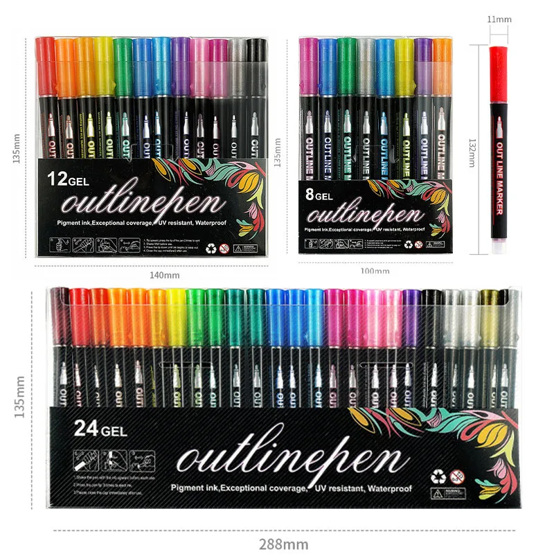 12 24 36 Colors Christmas gift card Outline water based eco-friendly Marker Set Drawing Writing glitter Double Line Marker Pen
