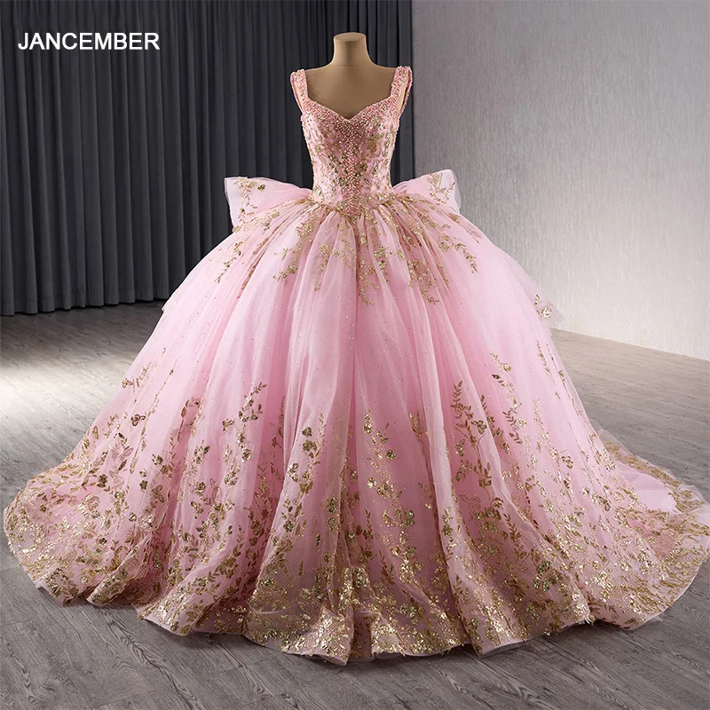 Jancember RSM241090 Hot Sale Pink Fashion Bow Ball Gown Plus Size Evening Dress With Embroidery