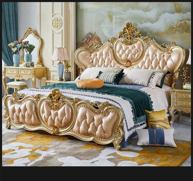 European style solid wood 1.8 meter master bedroom 2 meter king bed 2.2m widened Wedding Princess leather Villa Bed