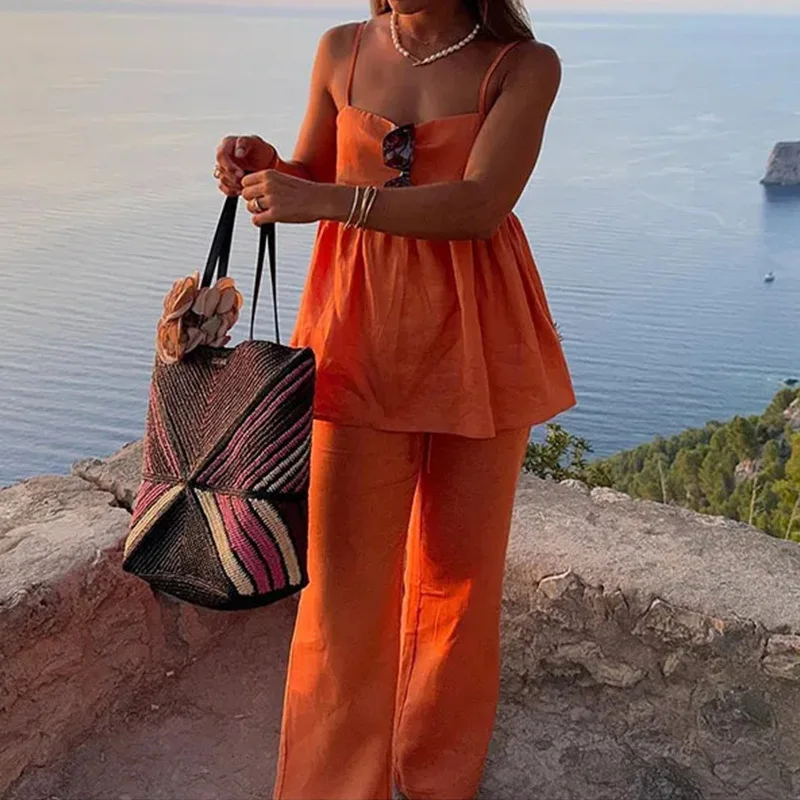 Fashion Drawstring Wide Leg Pants Suit For Women Elegant Sleeveless Ruffles Pleated Hem Tops Set New Lady Casual Vacation Outfit