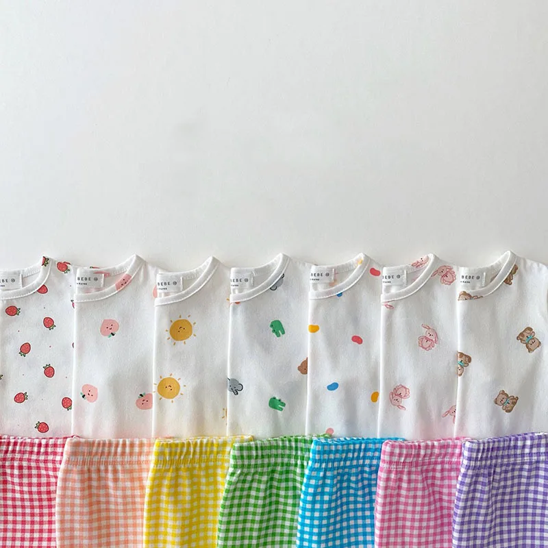Summer New Baby Clothes Set Cute Bear Print Short Sleeve Tops  Plaid Pants 2pcs Toddler Boys Girls Cartoon Clothes Set