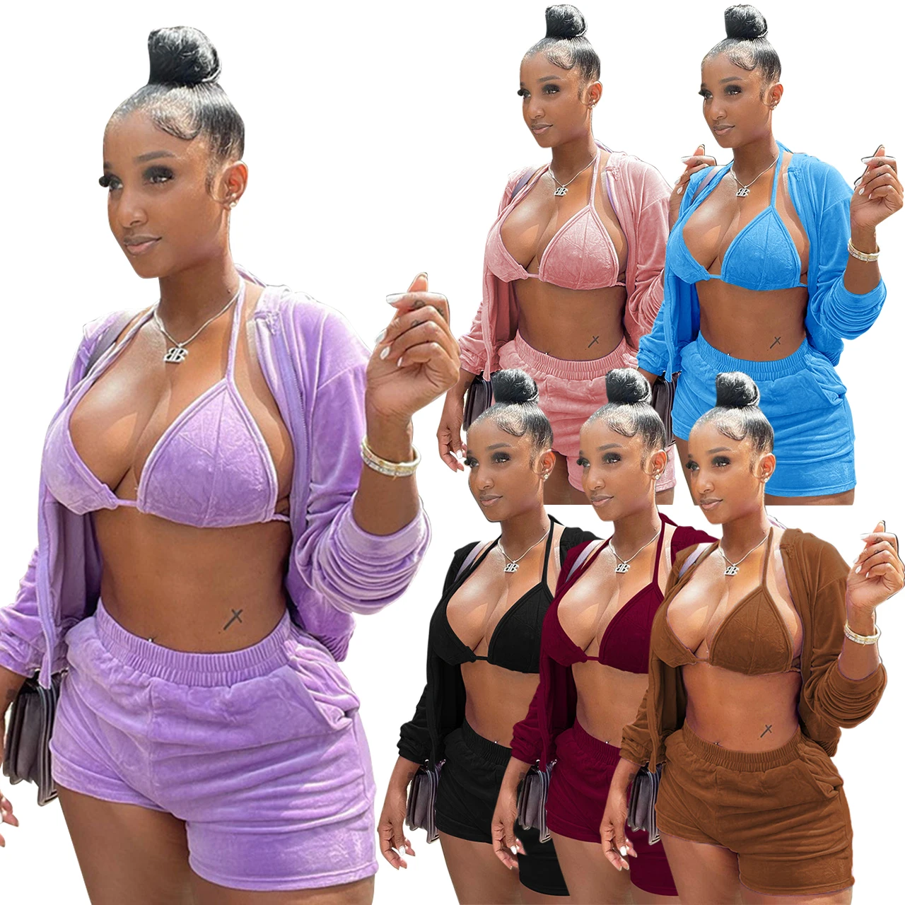 Amazon Hot Selling Velvet Velour Tracksuits Three Piece Workout Set Women Hooded Set