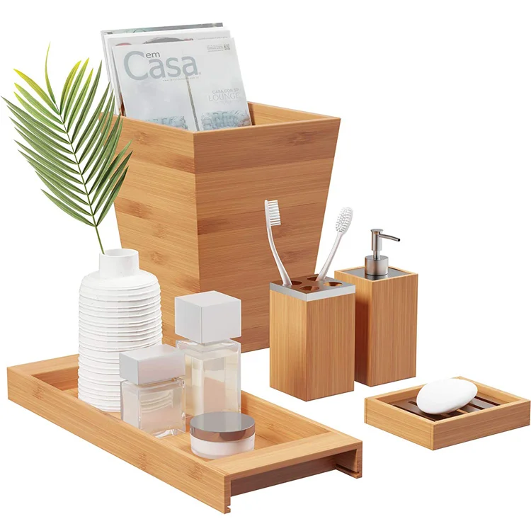 Wholesale Bamboo Bathroom Accessories Bathroom Mat 5-piece Bamboo Bathroom Accessories Set