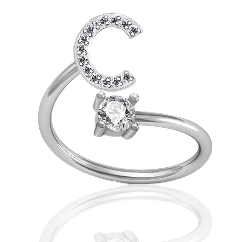 New A Z Letter Adjustable Gold Rings Women Silver Zircon Initial Ring Women Jewelry Creative Opening Diamond Initial Rings