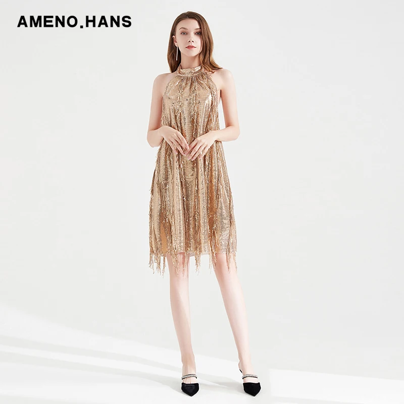 Gold Evening Dresses Prom Gown Glitter Sequin Party Woman Dress