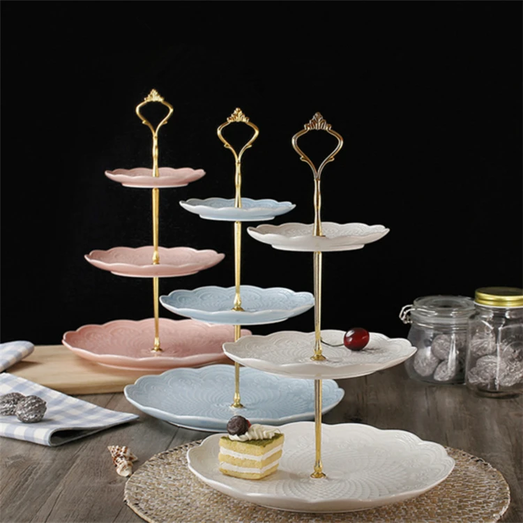 Factory direct sell various color fancy ceramic 2 tier cake plate for restaurant