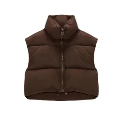 wholesale winter stand up collar zipper sleeveless cropped puffer women vest jacket