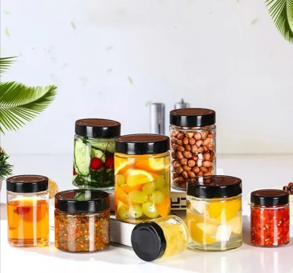 Customizable empty Wide Mouth round Glass Jar Small Mason canning Jar With Black Lids For Jam Honey Jelly sauce