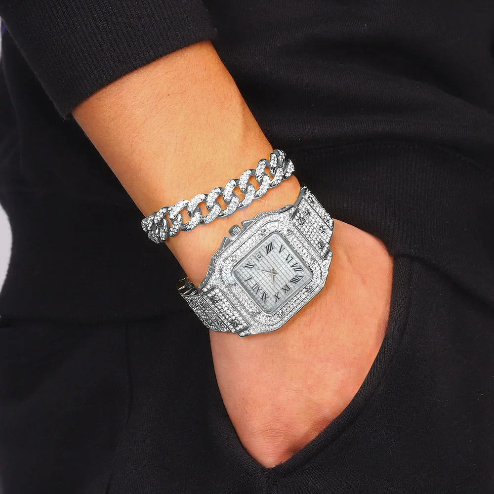 Men Hip hop Watch jewelry sets Iced Out watch for men Cuban Chain Necklace bracelet set Miami Cuban Chain Watches Christmas Gift