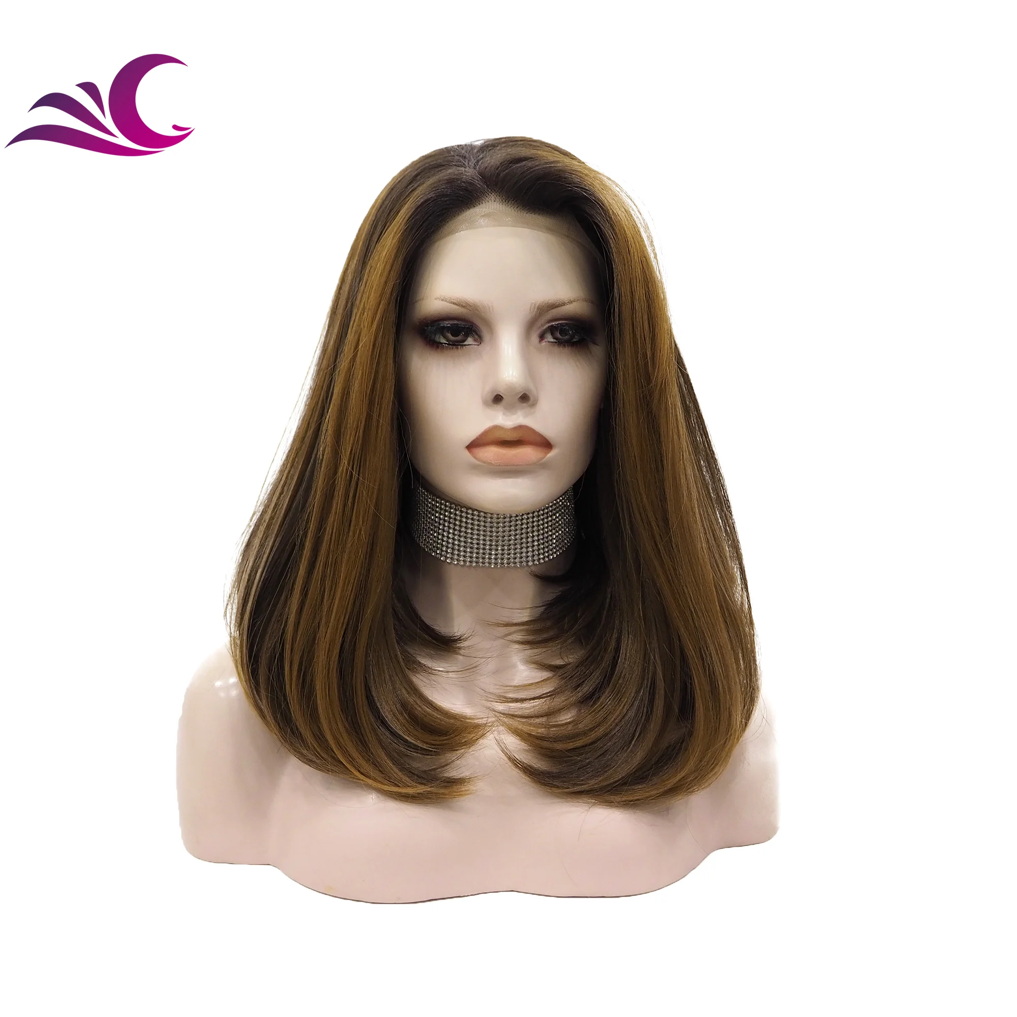 Celebrity highlight honey blonde ombre brown colored lace front wig premium heat resistant short bob synthetic hair wig