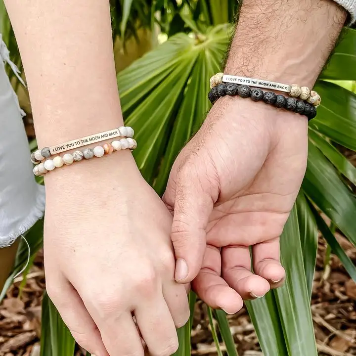  Wholesale Natural Stone Bangle Jewelry Couple Stainless Steel Inspirational Charms 8mm Map Beads Bracelet For