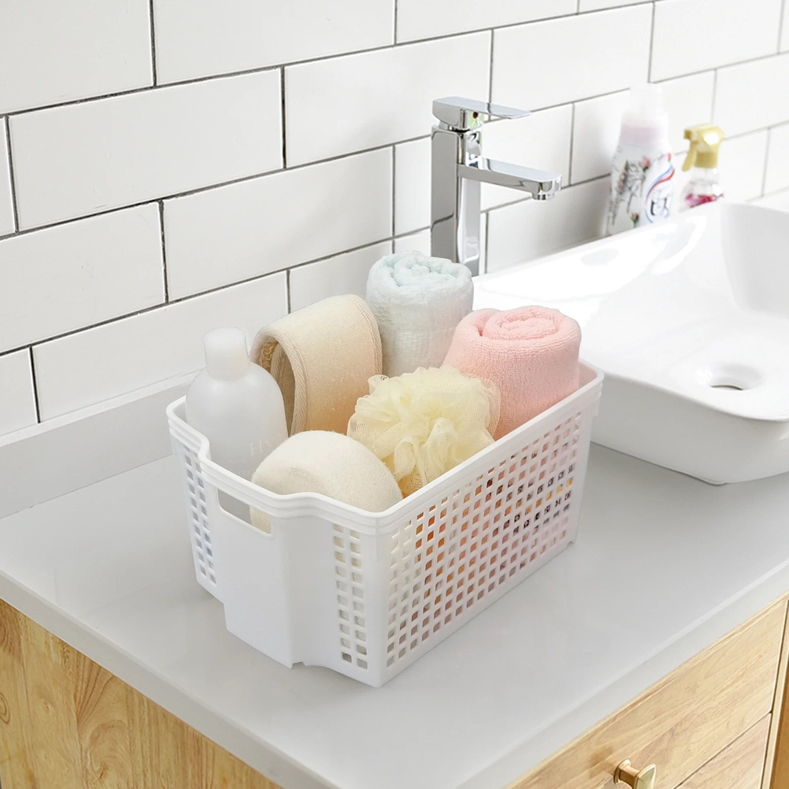 Оптовая продажа, высокое качество, прочная и прочная домашняя организация, пластиковая корзина для хранения с ручками