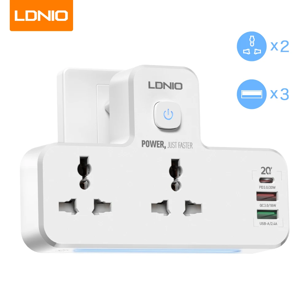LDNIO SC2311 Night Lamp LED Power Socket Extension Strip with 20W PD USB Charger Universal 2 Outlet Kitchen Electric Wall Socket