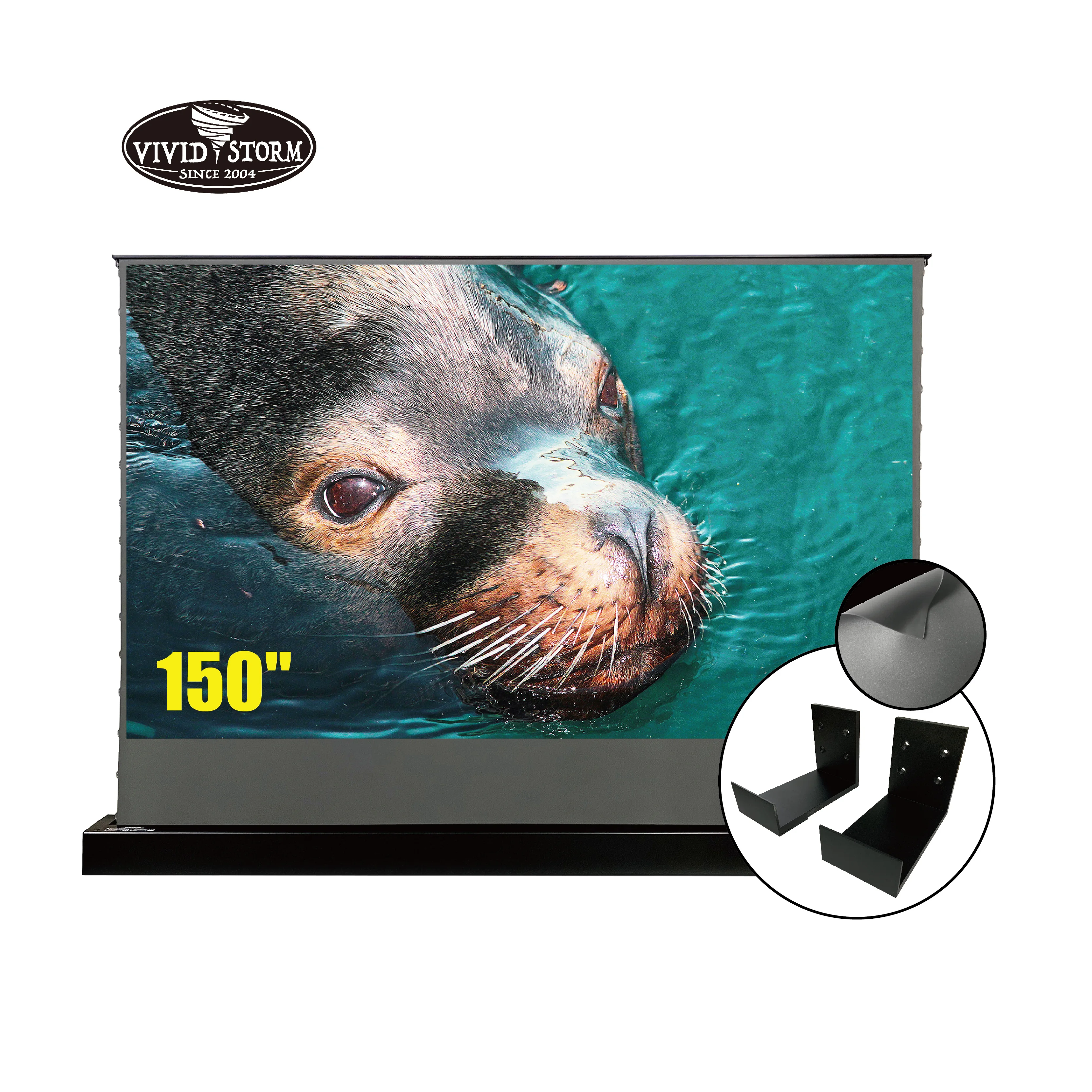 VIVIDSTORM 150inches S Electric tab-tension floor screenObsidian Long Throw 4k  ALR rollable screen Portable with wall bracket