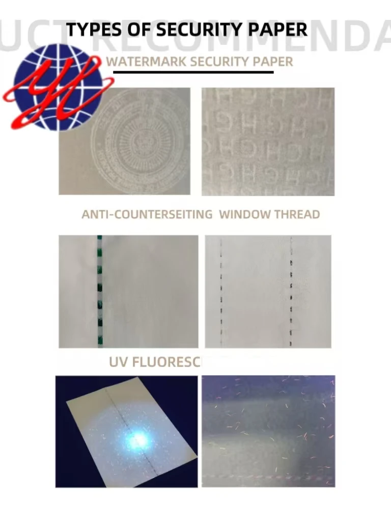 Custom Fixed-distance Watermark Security Paper with Laser  Security Thread and Invisible UV Fiber for Cheque Label Certificate