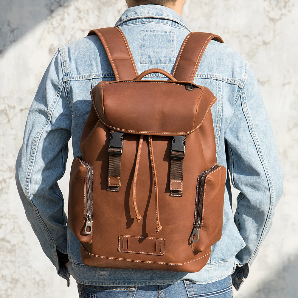 Laptop Rucksack Travel Weekender Daypack Retro Distressed Cowhide Leather Backpack for Men