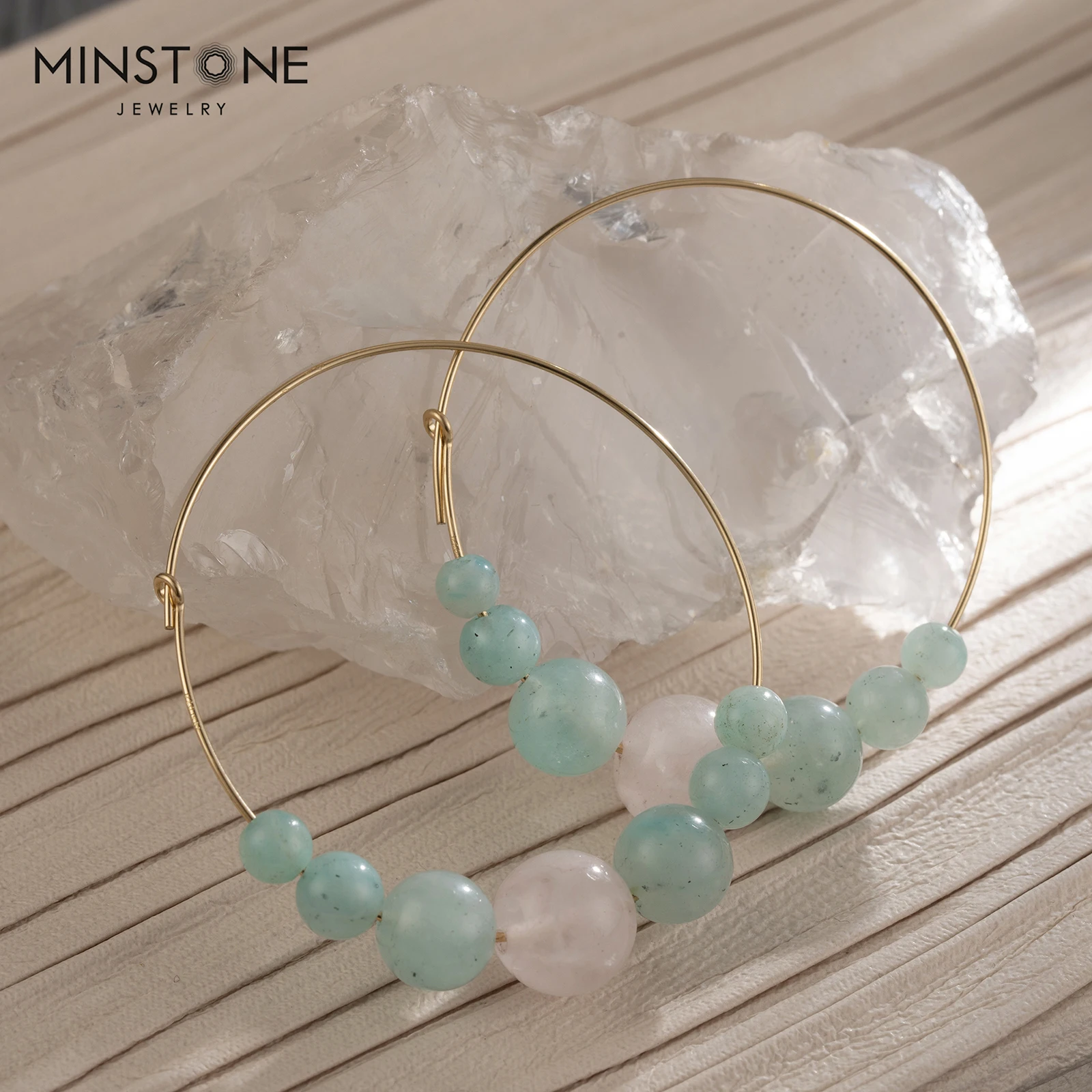 Minstone Custom Logo High Quality 14k Gold Filled Waterproof Wearable Bath Natural Stone Pendant Handmade Jewelry Hoop Earrings