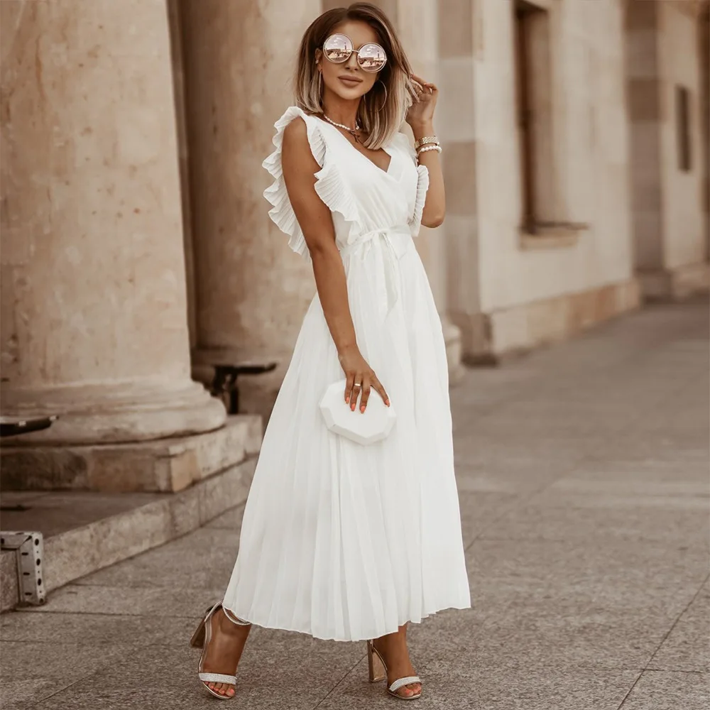 New Style Beach Long Dress Fashion Slim Fit Sexy Ruffle Sleeves Chiffon Pleated Dress Solid Color Dress