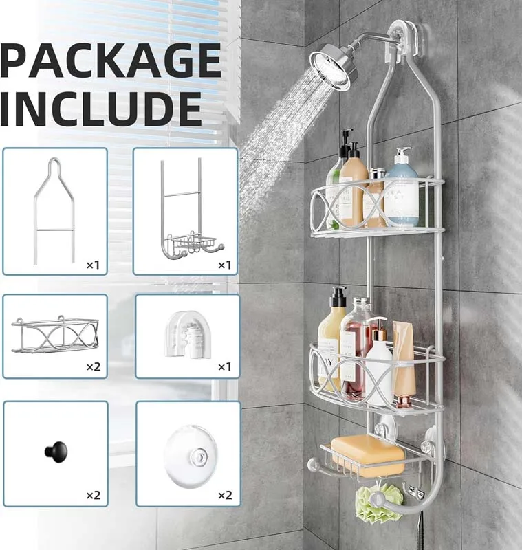 Low MOQ Rustproof Bathroom Shower Room Shelf Organizer Shower Caddy Over Shower Head with Soap Holder and Hooks