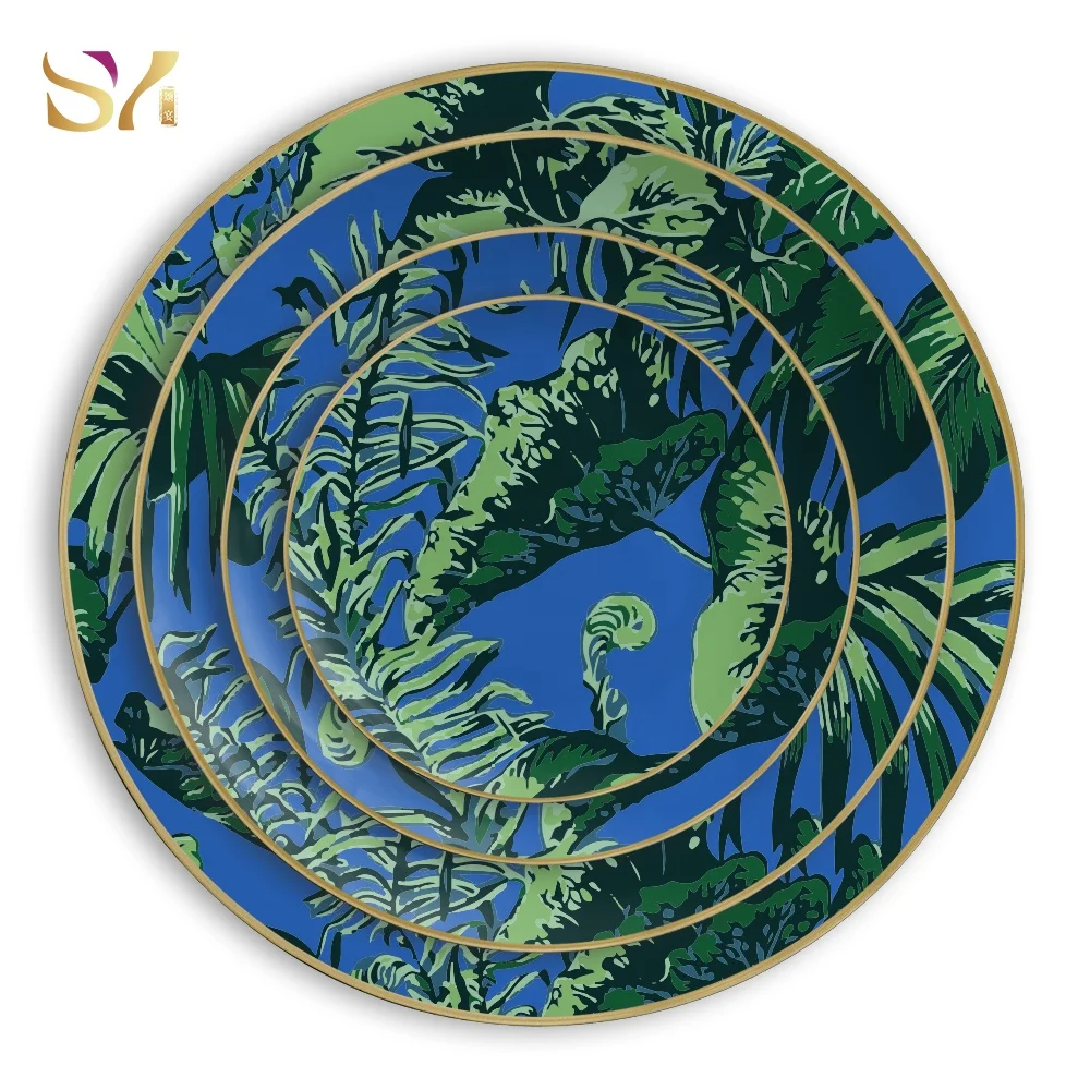 Роскошный цветочный дизайн керамический изысканный костяной фарфор набор для ужина зеленые свадебные тарелки для зарядного устройства