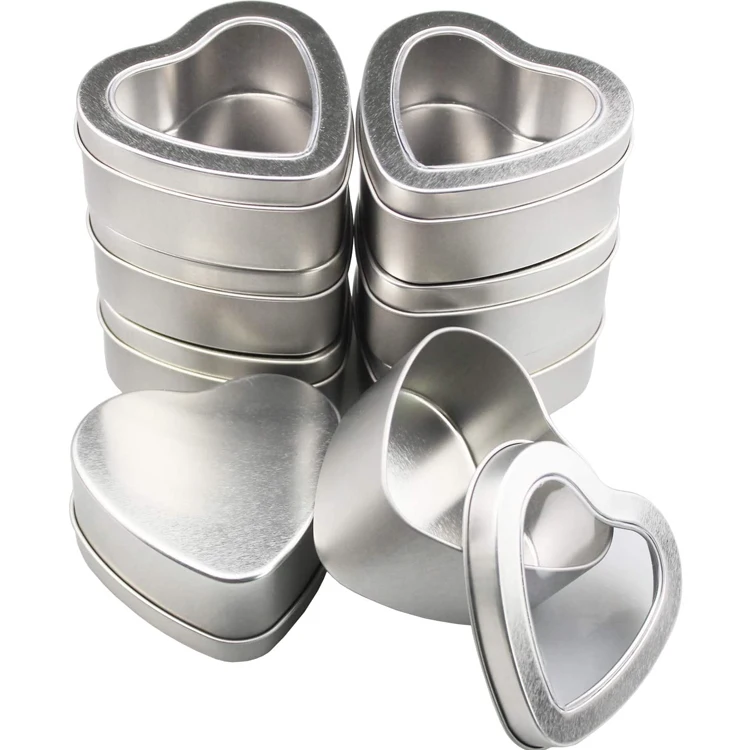 8oz Empty Heart Shaped Silver Metal Tins with Clear Window for Candle Making/Candies/Gifts/Treasures