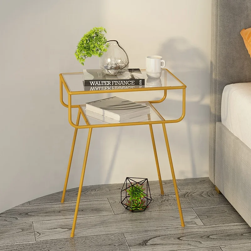 Living Room Modern Metal Frame Glass Coffee Snack Laptop Table End Sofa Side Table Golden Bedside Table
