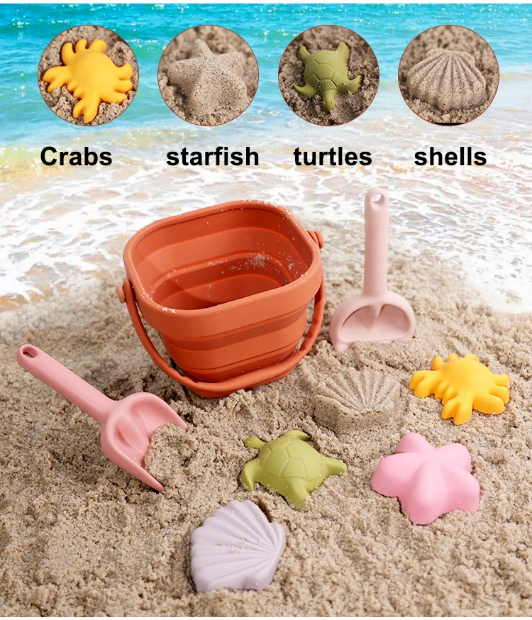 Customized Summer 7 Piece Unique Eco Bpa Free Silicone Foldable Water Beach Sand Toys Colorful Children Beach Toys Bucket Sets