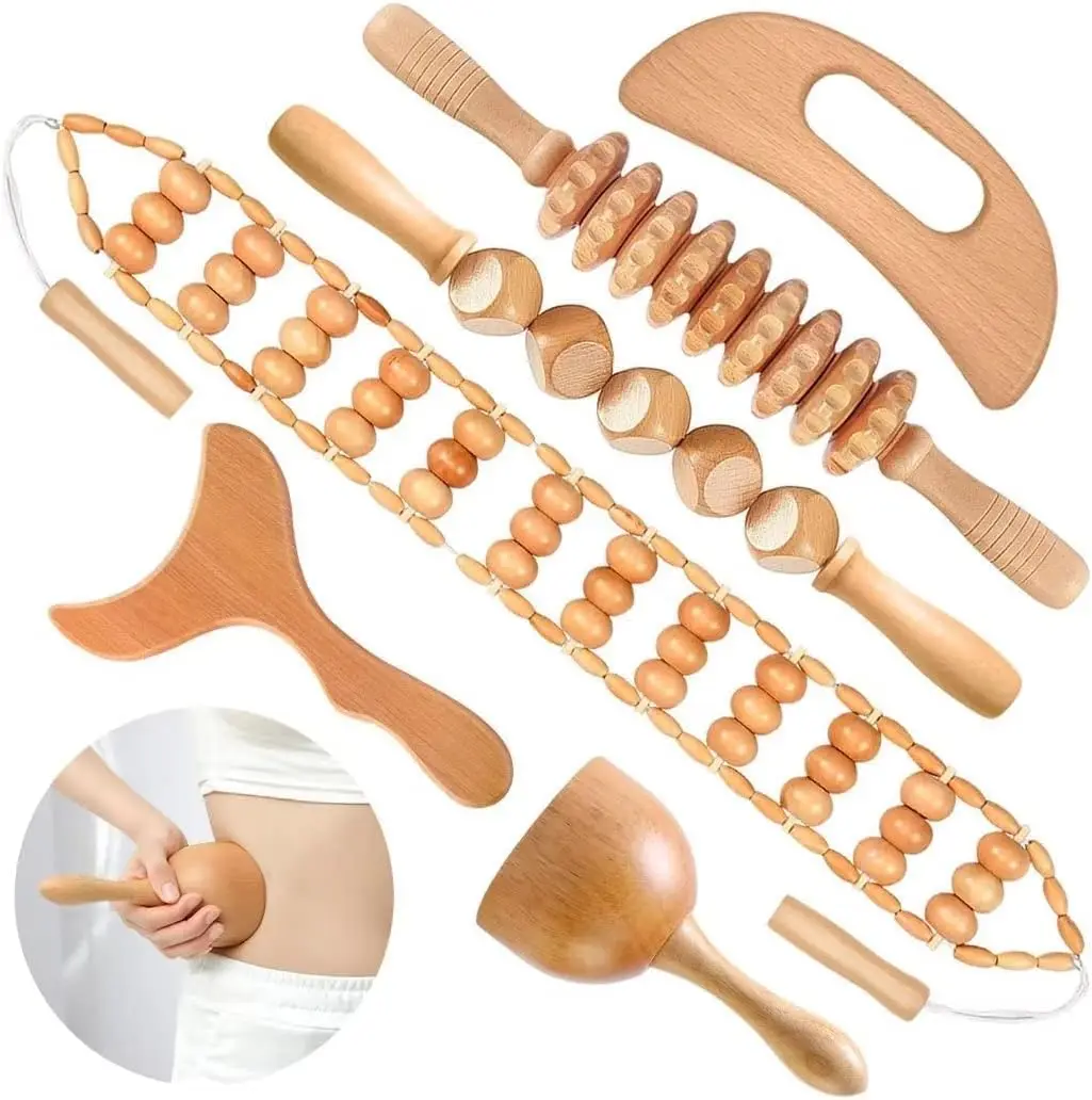 wood lymphatic massager roller 6 in 1 multi facial neck head foot leg body gua sha massage tool for muscles