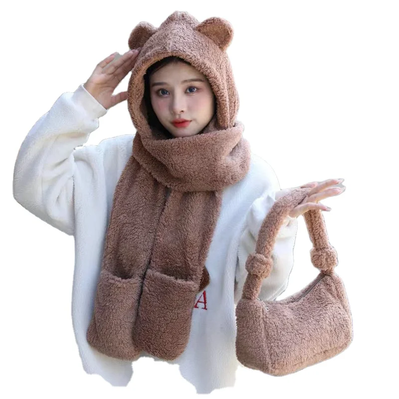 Hot Selling Brown Bear Hat Gloves Set Animal Long Mitten Hat Thick Warm Designer Set Cute Hat Scarf Gloves And Bag Set