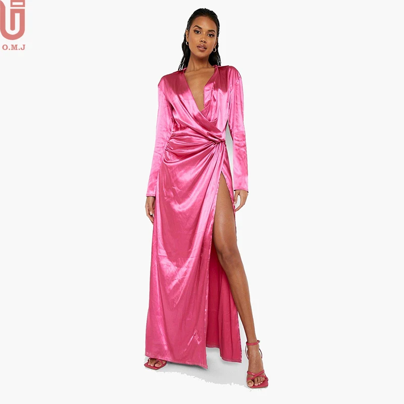 Women Fashion V-Neck Ruched Long Sleeve Satin Wrap Twist Plunge Split Maxi Dress