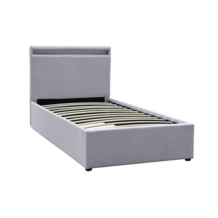 Заводская цена, светло-серая льняная ткань, одиночная мягкая светодиодная кровать с газовым подъемником для спальни