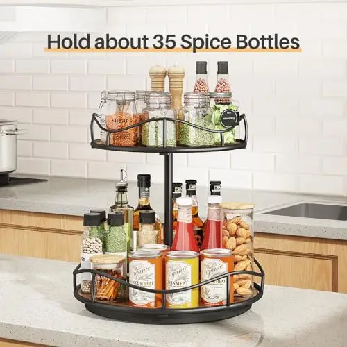 Lazy Susan Organizer Turntable Spice Rack - 2 Tier Wood Rotating Lazy Susan for Cabinet Pantry Kitchen Countertop Dining Table