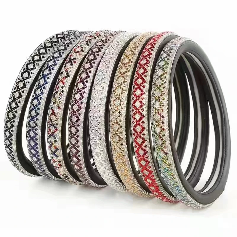 Glitter Car Steering Wheel Cover Leather Universal Bling Bling Car Accessories Steering Wheel Cover Set