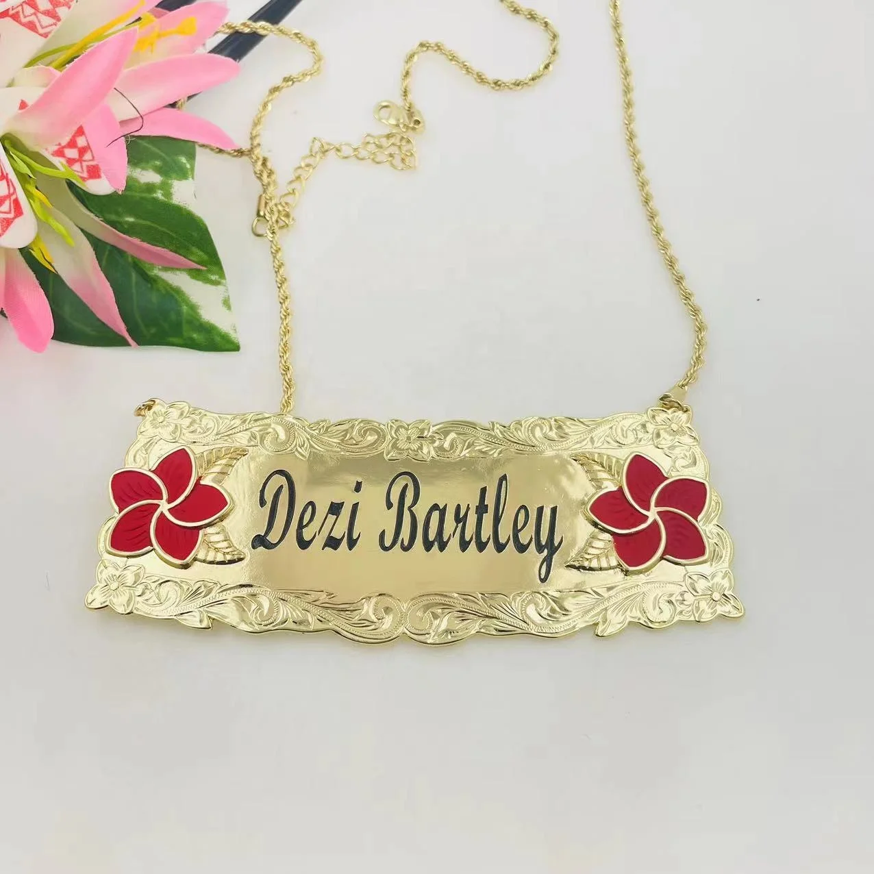 JX234 large flower customize name plate necklace Hawaiian Samoan personalized anniversary birthday jewelry gift chain wholesale