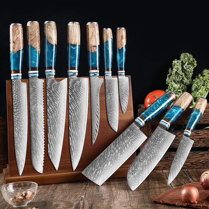 Luxury Blue Resin Handle Damascus Steel Knife Chef  Cooking VG10 67Layers Japanese Kitchen Knives Damascus Knife Set