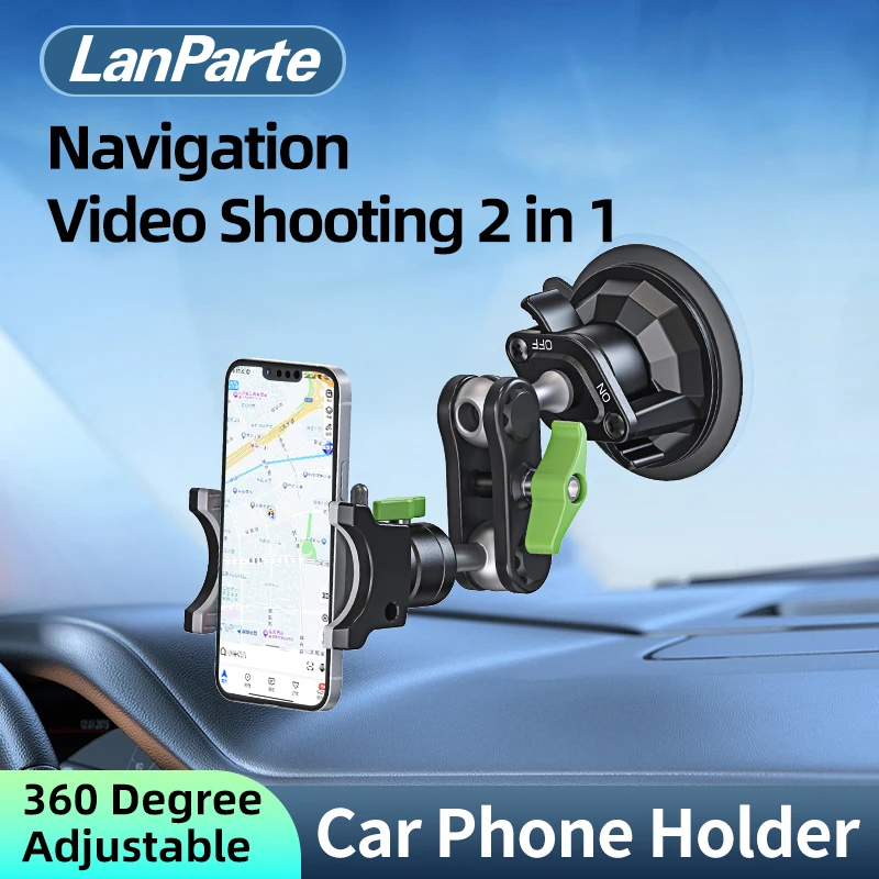 LanParte Metal Car Phone Holder Flexible Double Ball Head Arm Twist Lock Suction Cup Mount for Car Navigation Video Shooting