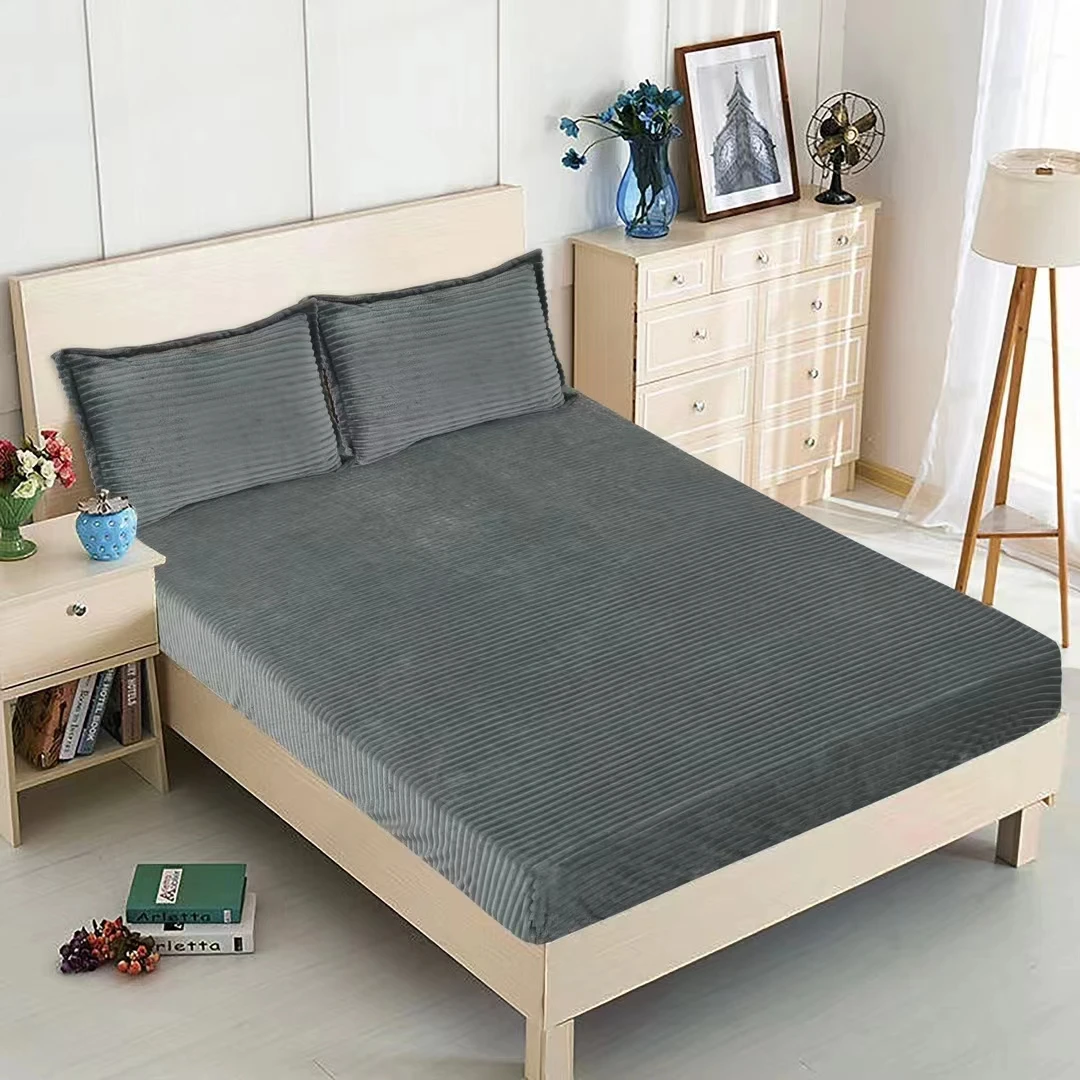 High Weight Flannel Fleece Bedding 3PCS Set Nature Solid Super Soft Coral Velvet Winter Bed Linen Deep Pocket Fitted Sheet Set