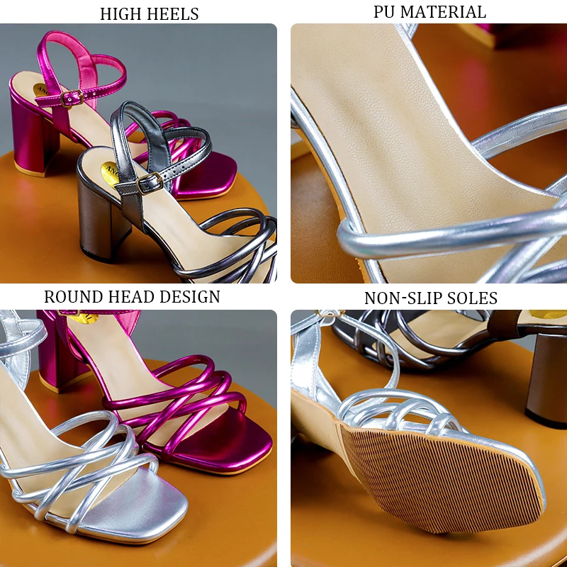 Women High Heels Sandal Sexy Slingback Sexy Criss-cross Square Open Toe Dress Shoes 9CM Block Heeled Ladies Party Nude Shoes