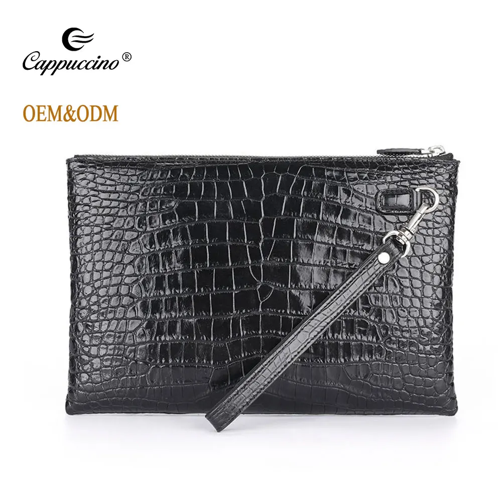 Custom Luxury Casual Unisex Designer Branded Genuine Crocodile Skin Leather Envelope Clutch Pochette Bag With Wristlet For Men