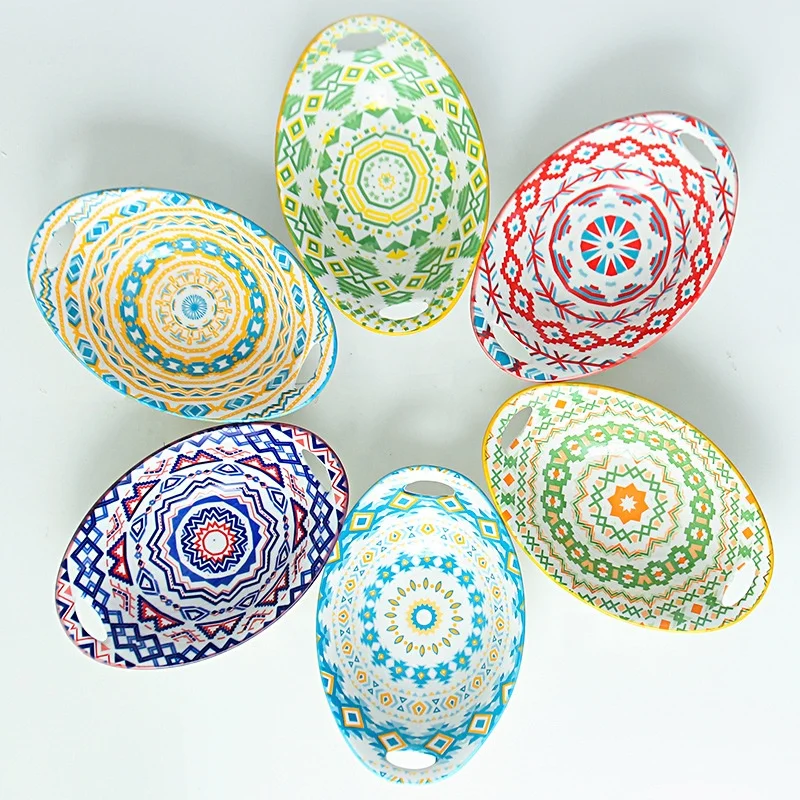 9 inch double handle ingot shape ceramic bowl Bohemian style colored salad baked rice ceramic baking bowl