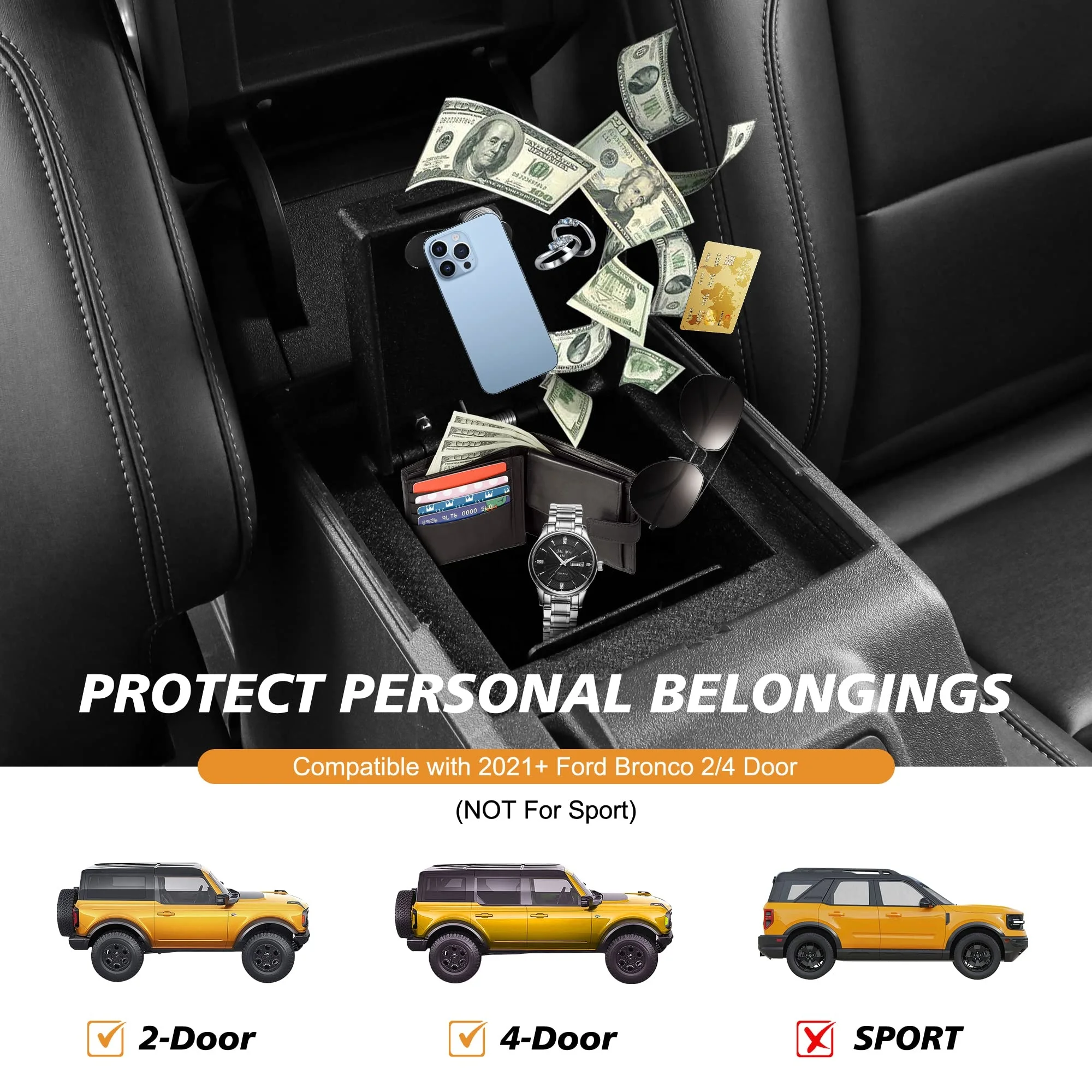 Center Console Armrest Lock Box Design Safe Storage Organizer Case Password Car Interior For Ford Bronco Accessories 21-23 2/4