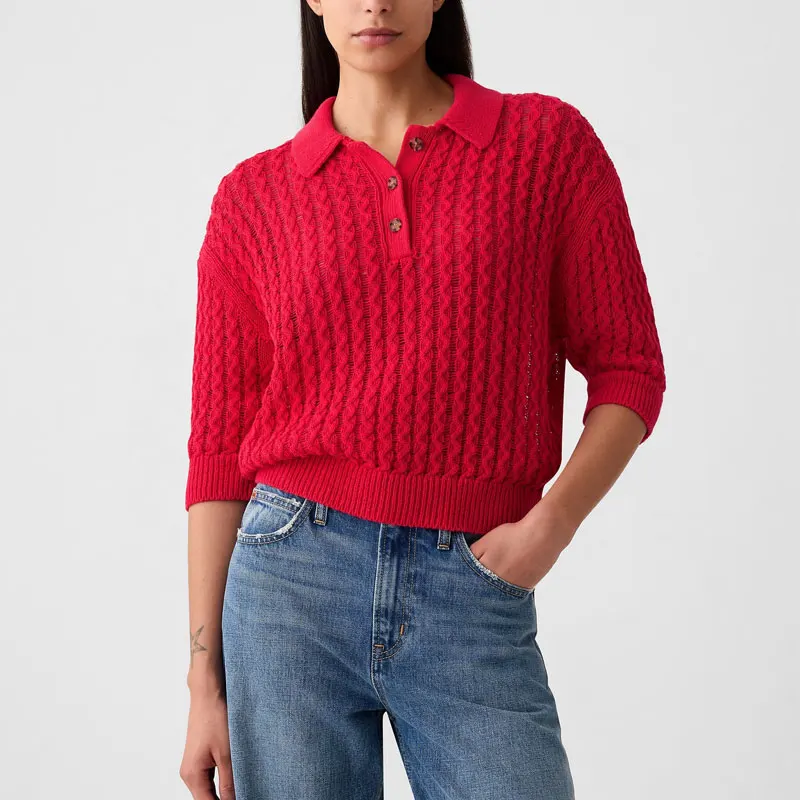 Custom Fall Knitwear Cable Knit Mid Sleeve Sweater Circle Neck Woman Texture Twisted Knit Sweater