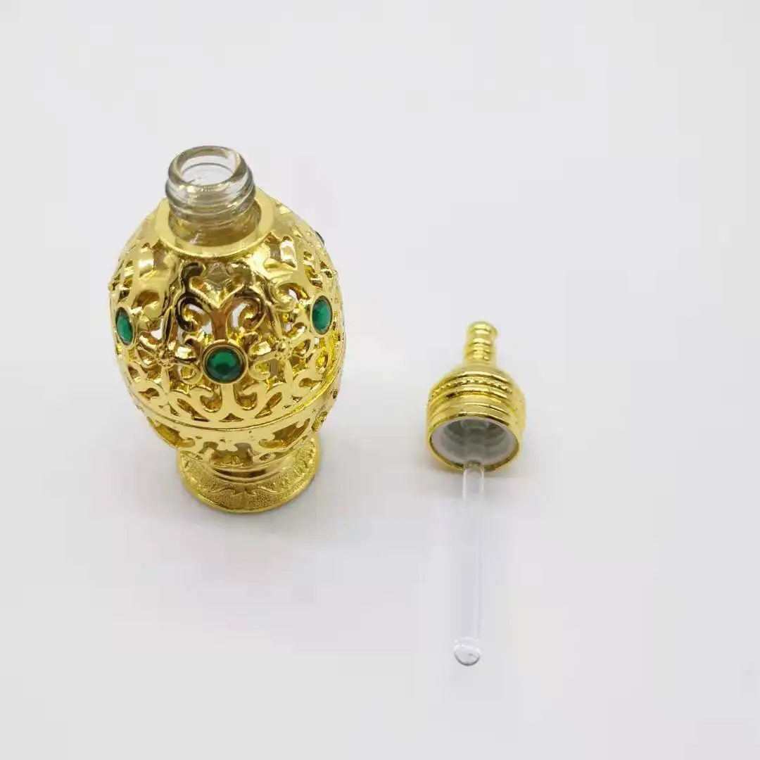 Wholesale 10ml Unique Arabic Style Metal Essential Oil Attar Perfume Glass Bottles with Glass Stick