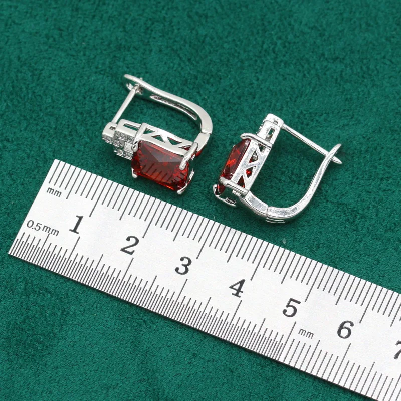 Geometric Silver Color Jewelry Set for Women Wedding Red Zircon Bracelet Earrings Necklace Pendants Ring Christmas Gift