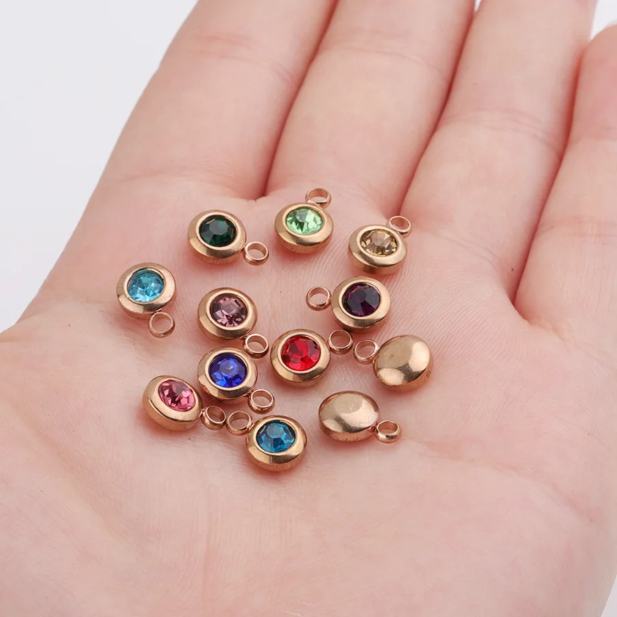 6.5MM Crystal Stainless Steel Round Birthstone Charms Pendant For DIY Necklace Bracelets Jewelry Making Rose Gold Plated Jewelry
