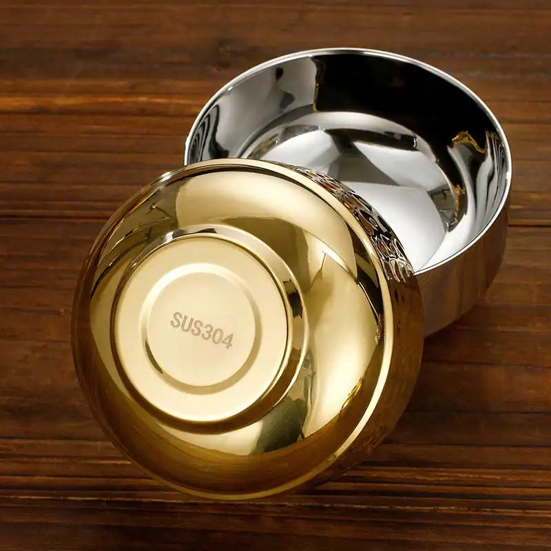 Custom Korean Style 304 Stainless Steel Double Wall Bowl Gold Heat Insulation Rice Soup For Hotel Restaurant Home